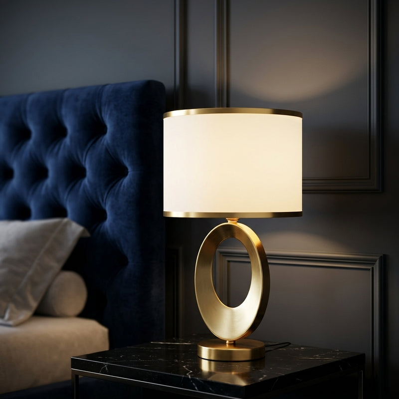 Lámpara de Mesa Anillo Geométrico Dorado Glam Moderno con Pantalla de Tela Regulable para Dormitorio y Sala de Estar