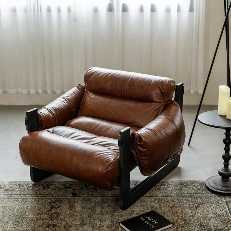 Traditional Vintage Rectangular Oil-Waxed Leather Iron Accent Chair Backrest Armrest For Living Room