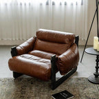 Traditional Vintage Rectangular Oil-Waxed Leather Iron Accent Chair Backrest Armrest For Living Room