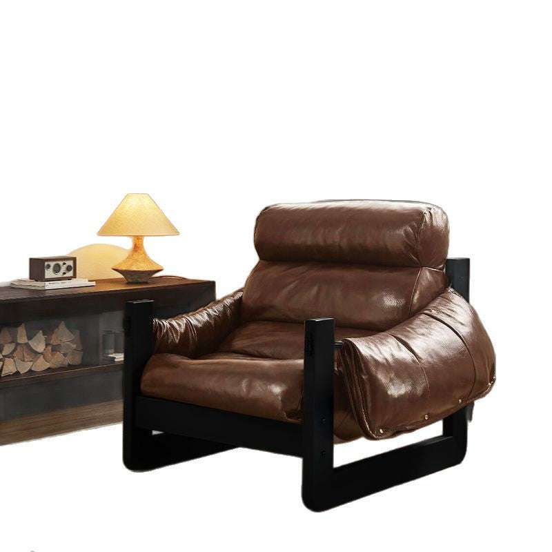 Traditional Vintage Rectangular Oil-Waxed Leather Iron Accent Chair Backrest Armrest For Living Room
