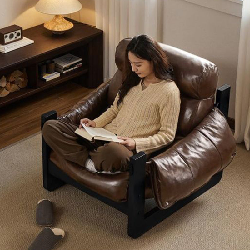 Traditional Vintage Rectangular Oil-Waxed Leather Iron Accent Chair Backrest Armrest For Living Room