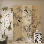 Traditional French Rectangular Fir Wood Solid Wood Plywood Cotton Canvas Floral And Bird Motif Room Divider For Living Room