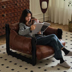 Traditional Vintage Rectangular Oil-Waxed Leather Iron Accent Chair Backrest Armrest For Living Room