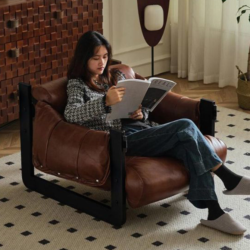 Traditional Vintage Rectangular Oil-Waxed Leather Iron Accent Chair Backrest Armrest For Living Room