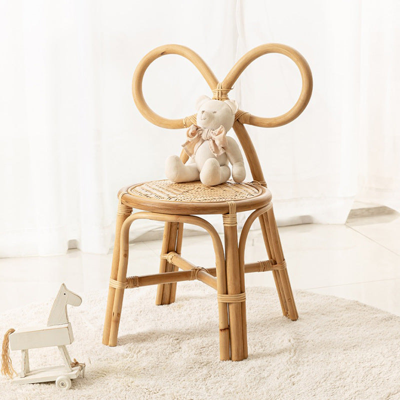 Traditional Japanese Round Rattan Weaving Footstool with Backrest – Ideal Kid-Friendly Chair for Entryways