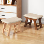 Banco Zapatero Cuadrado Minimalista Moderno de Madera de Caucho con Cojín Tapizado de Algodón-Lino, Taburete Bajo para Sala de Estar