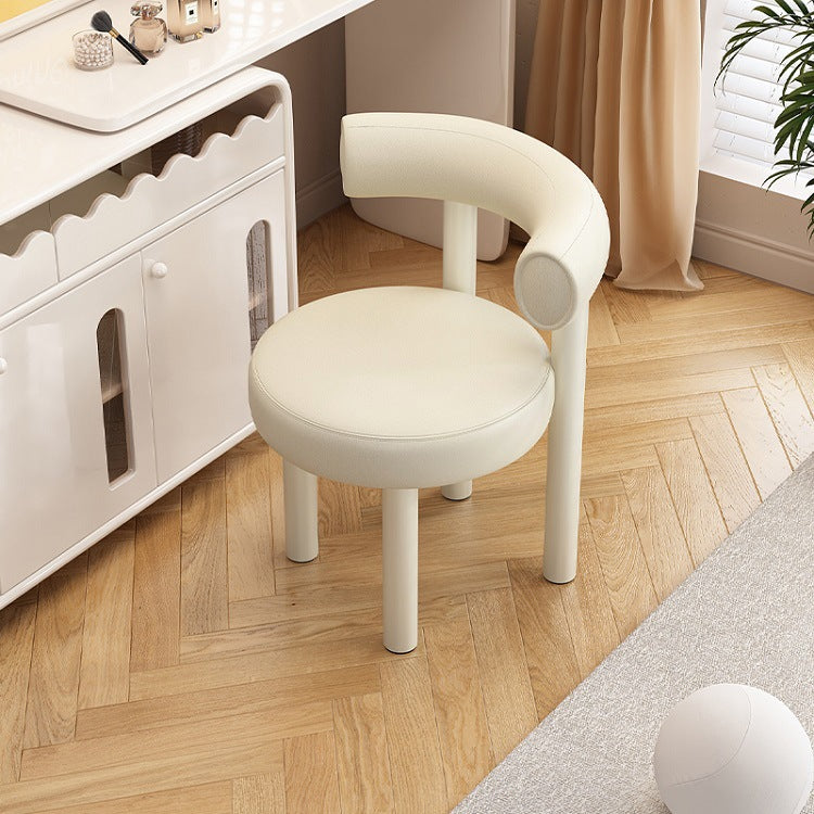 Contemporary Nordic Round Faux Leather Vanity Stool with Iron Frame and Arc Back for Bedroom