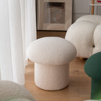 Taburete cilíndrico moderno minimalista de forro polar sherpa con forma de hongo y diseño de madera para dormitorio