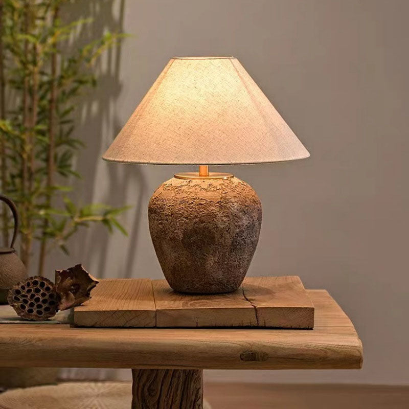 Organic Modern Textured Ceramic Table Lamp with Natural Linen Shade Rustic Wabi-Sabi Accent Light for Bedroom and Living Room