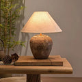 Organic Modern Textured Ceramic Table Lamp with Natural Linen Shade Rustic Wabi-Sabi Accent Light for Bedroom and Living Room