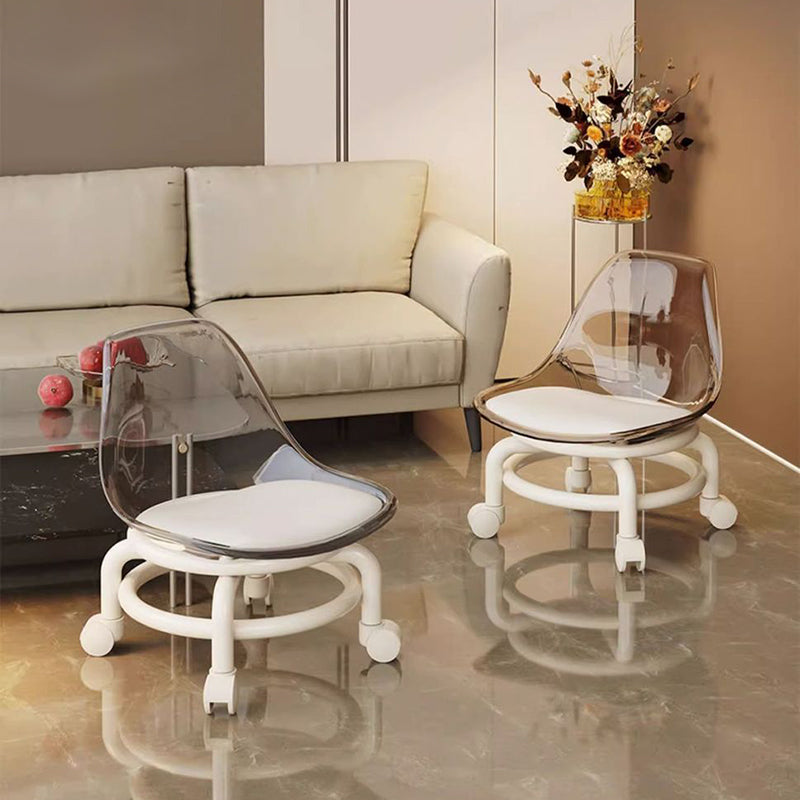 Modern Minimalist Round Acrylic Faux Leather Low Stool on Wheels – Plastic Living Room Stool