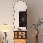 Contemporary Scandinavian Wavy Medium-Density Fiberboard Glass Full-Length Mirror Bookshelf 5-Tier For Bedroom