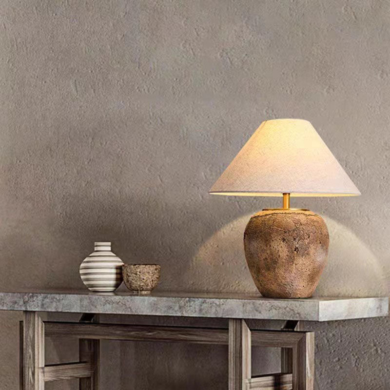 Organic Modern Textured Ceramic Table Lamp with Natural Linen Shade Rustic Wabi-Sabi Accent Light for Bedroom and Living Room