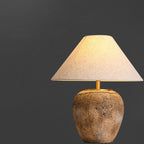Organic Modern Textured Ceramic Table Lamp with Natural Linen Shade Rustic Wabi-Sabi Accent Light for Bedroom and Living Room
