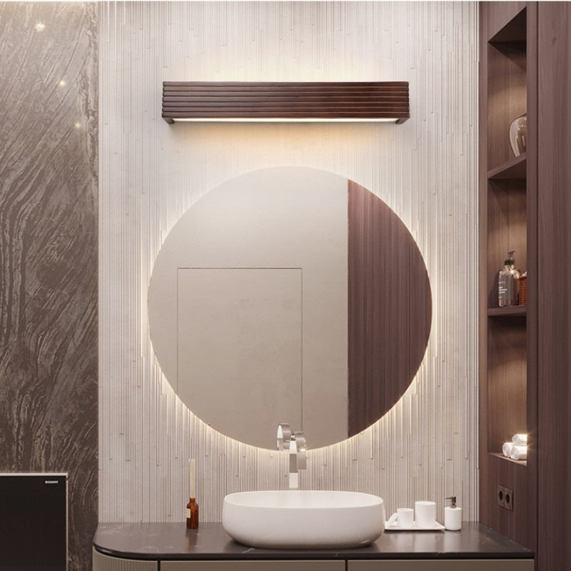 Traditional Japanese Striped Rectangular Wood LED Vanity Mirror Front Wall Sconce Lamp For Bedroom