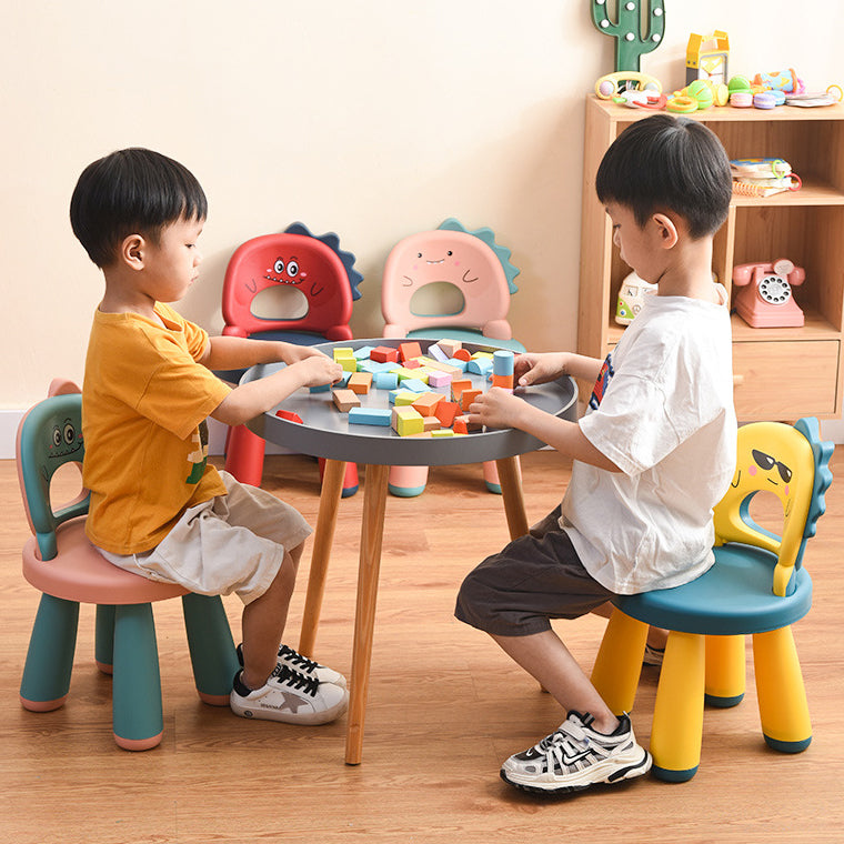 Taburete infantil redondo de plástico con respaldo de dinosaurio contemporáneo - Divertido acento para la sala de estar