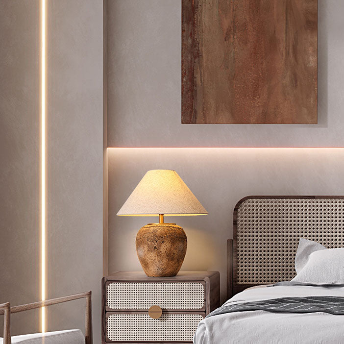 Organic Modern Textured Ceramic Table Lamp with Natural Linen Shade Rustic Wabi-Sabi Accent Light for Bedroom and Living Room