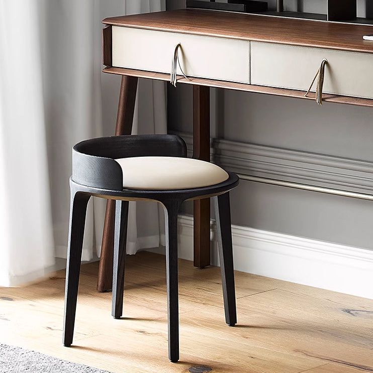 Elegant Traditional Vintage Round PU Leather Upholstered Vanity Stool with Wood Frame — Backless, Ideal Bedroom Accent