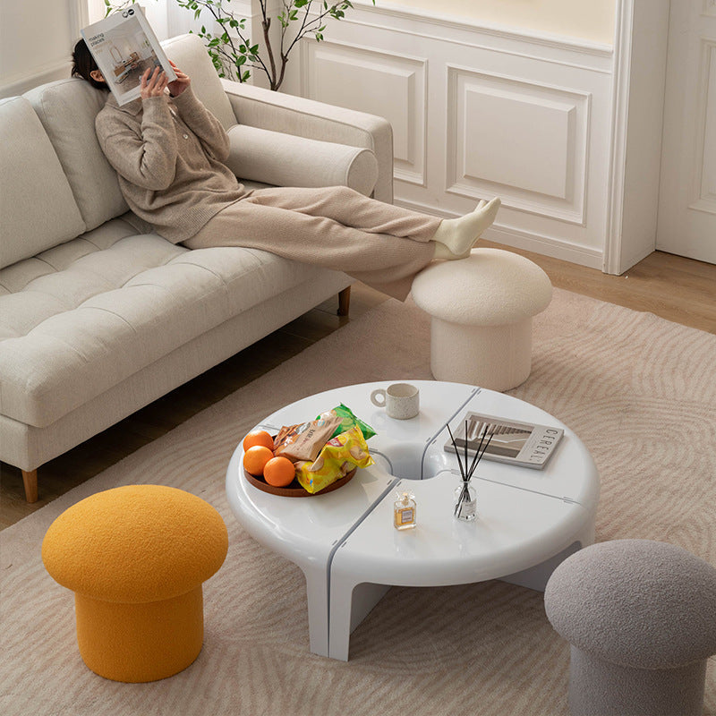 Taburete cilíndrico moderno minimalista de forro polar sherpa con forma de hongo y diseño de madera para dormitorio