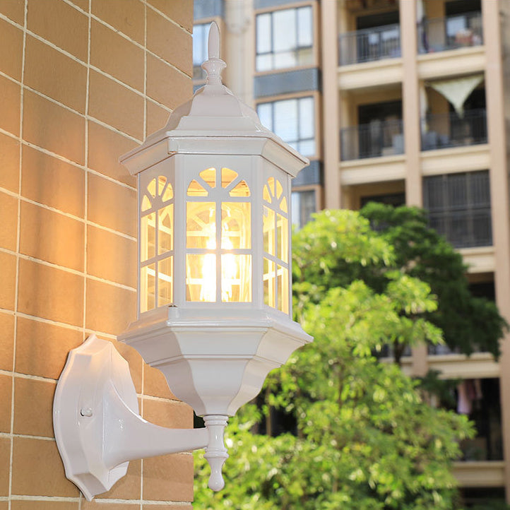Lámpara de pared tradicional europea de aleación de aluminio con diseño de castillo y cristal, 1 luz, impermeable, para patio exterior