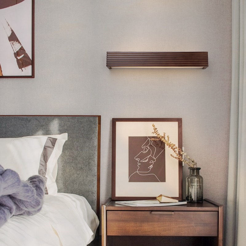 Traditional Japanese Striped Rectangular Wood LED Vanity Mirror Front Wall Sconce Lamp For Bedroom