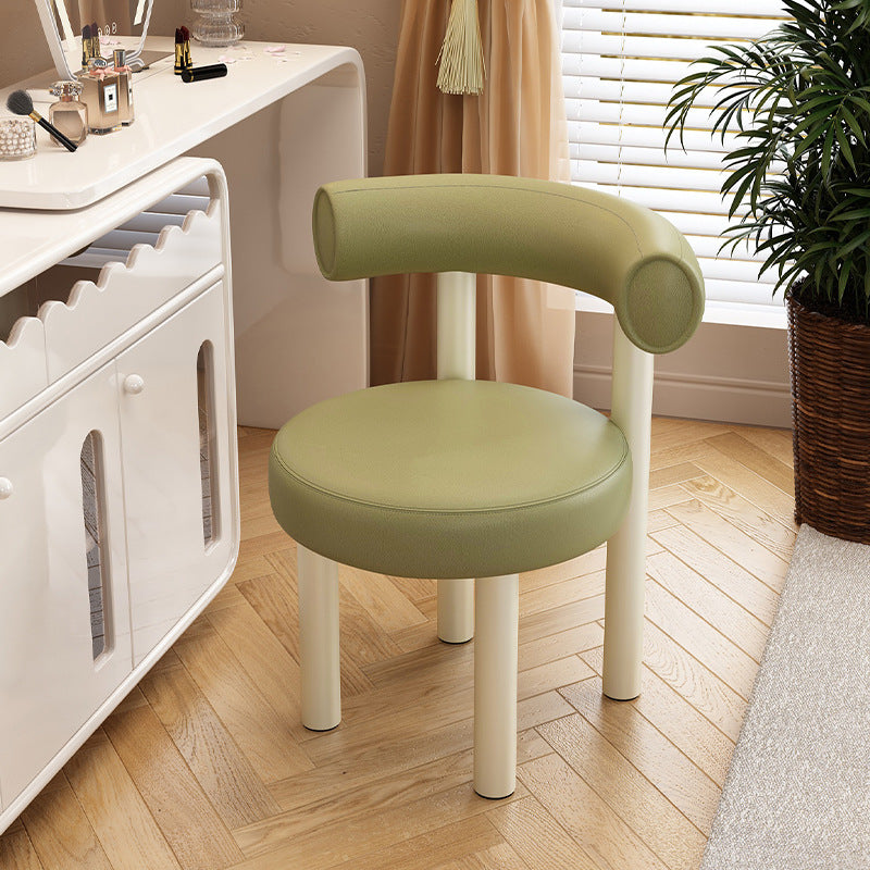 Contemporary Nordic Round Faux Leather Vanity Stool with Iron Frame and Arc Back for Bedroom