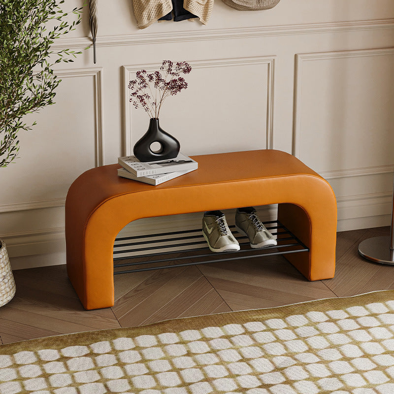Modern Minimalist Long Rectangle Sherpa Fabric PU Leather Iron Storage Bench 1-Shelf For Entryways
