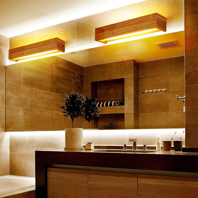 Traditional Japanese Striped Rectangular Wood LED Vanity Mirror Front Wall Sconce Lamp For Bedroom