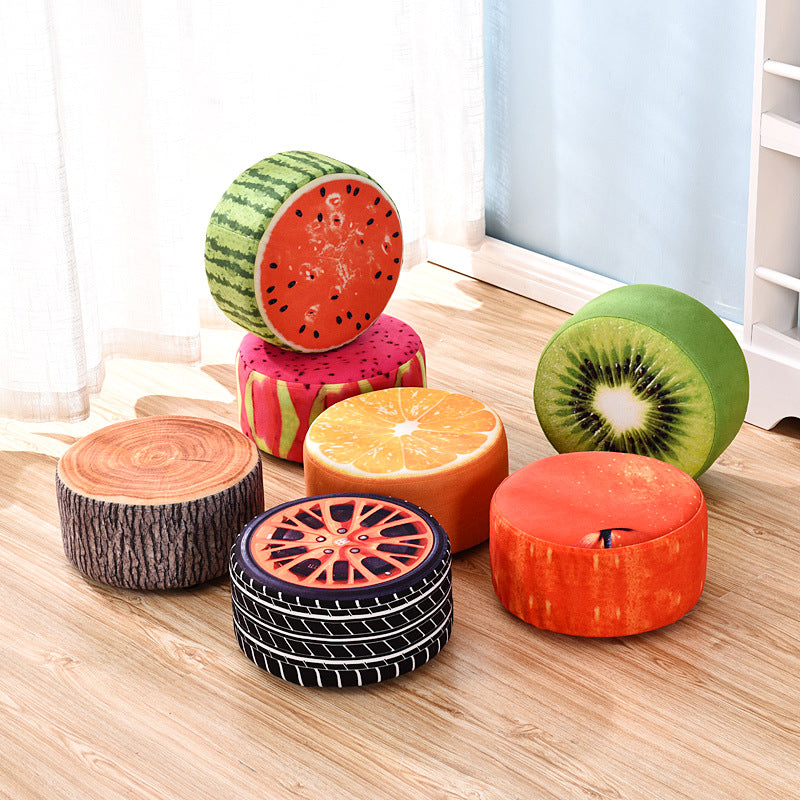 Modern Round Fabric Pouf with Creative Fruit Pattern – Kids Footstool for Living Room