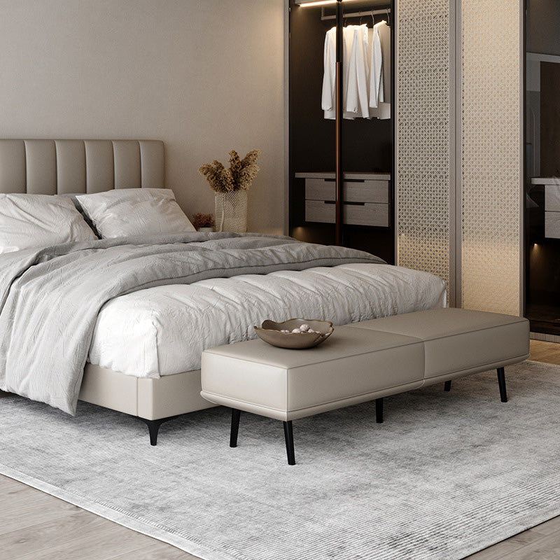 Modern Minimalist Rectangular Cushioned Bench - Microfiber Leather Upholstery with Wood & Carbon Steel Frame, Low Backless End-of-Bed Stool for Bedroom