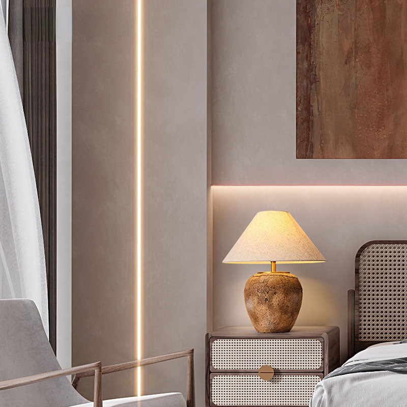 Organic Modern Textured Ceramic Table Lamp with Natural Linen Shade Rustic Wabi-Sabi Accent Light for Bedroom and Living Room