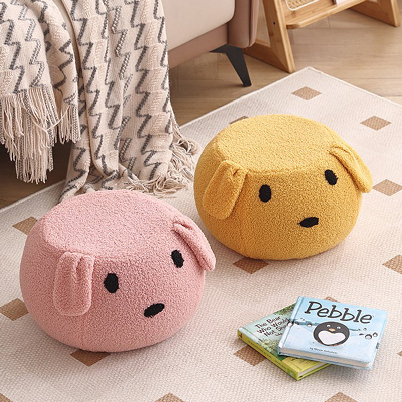 Taburete redondo de vellón tipo osito de peluche con diseño art déco moderno, construcción de madera contrachapado, sin respaldo y sin brazos, de perfil bajo para sala de estar