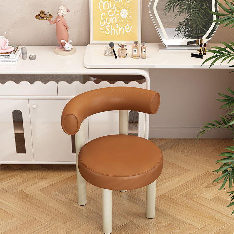 Contemporary Nordic Round Faux Leather Vanity Stool with Iron Frame and Arc Back for Bedroom