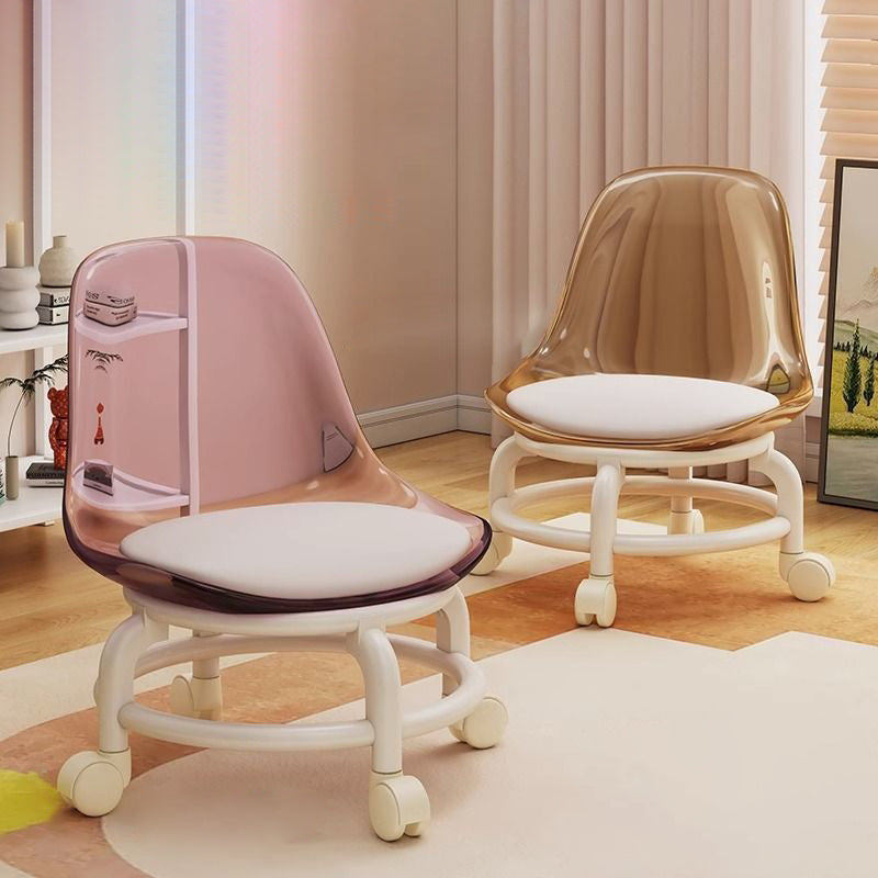 Modern Minimalist Round Acrylic Faux Leather Low Stool on Wheels – Plastic Living Room Stool