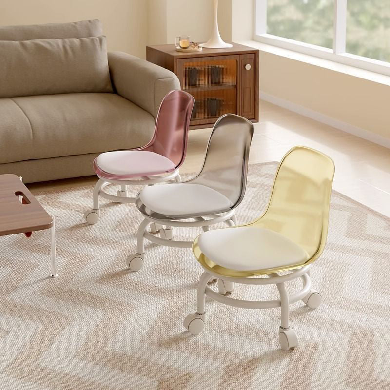 Modern Minimalist Round Acrylic Faux Leather Low Stool on Wheels – Plastic Living Room Stool