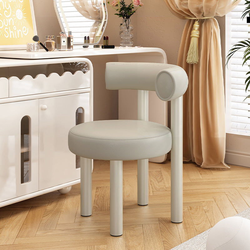 Contemporary Nordic Round Faux Leather Vanity Stool with Iron Frame and Arc Back for Bedroom