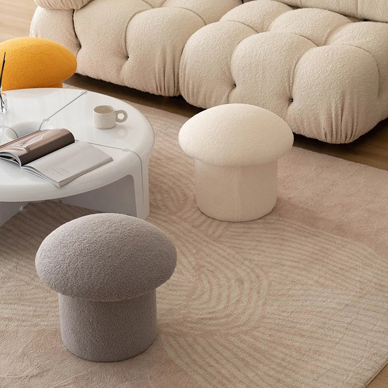 Taburete cilíndrico moderno minimalista de forro polar sherpa con forma de hongo y diseño de madera para dormitorio