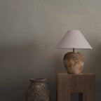 Organic Modern Textured Ceramic Table Lamp with Natural Linen Shade Rustic Wabi-Sabi Accent Light for Bedroom and Living Room