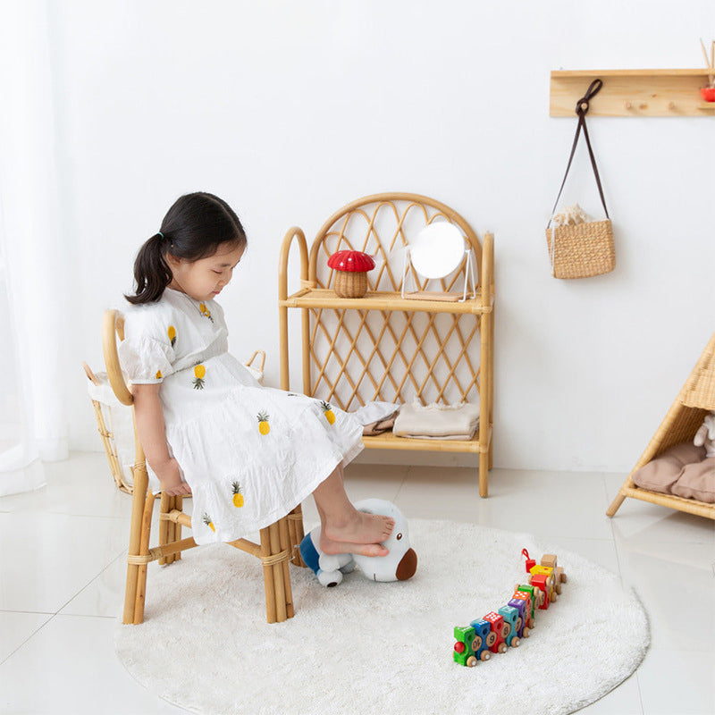 Puf redondo tradicional japonés de mimbre con respaldo – Silla ideal para niños en recibidores
