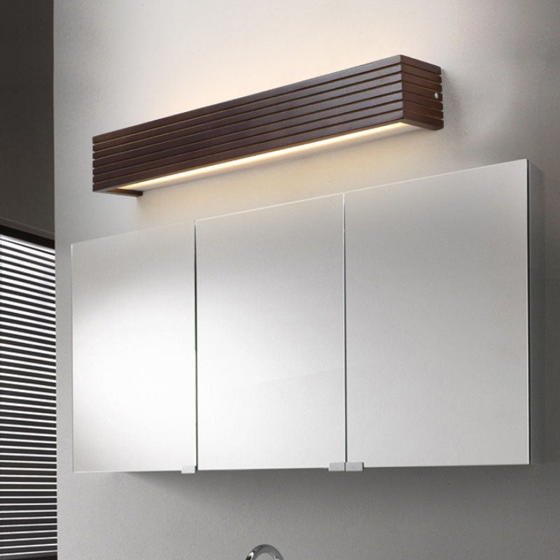 Traditional Japanese Striped Rectangular Wood LED Vanity Mirror Front Wall Sconce Lamp For Bedroom