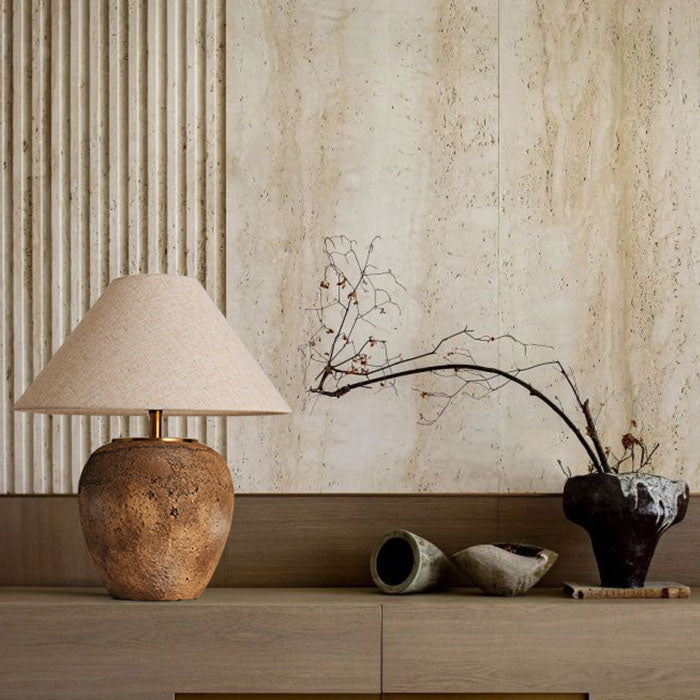 Organic Modern Textured Ceramic Table Lamp with Natural Linen Shade Rustic Wabi-Sabi Accent Light for Bedroom and Living Room