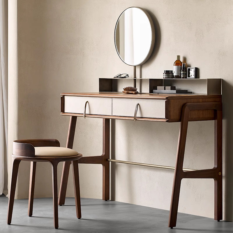 Elegant Traditional Vintage Round PU Leather Upholstered Vanity Stool with Wood Frame — Backless, Ideal Bedroom Accent