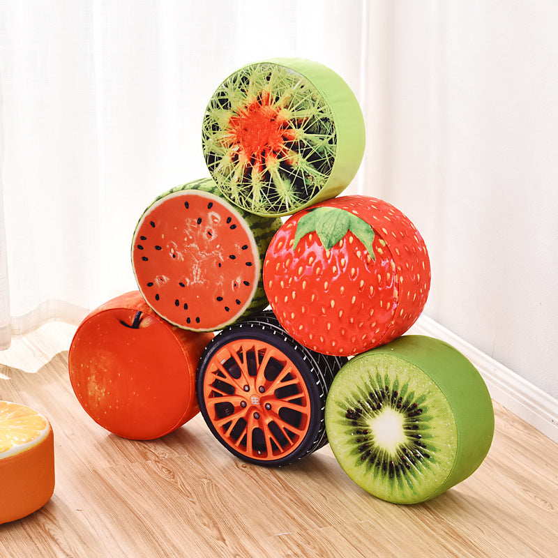 Modern Round Fabric Pouf with Creative Fruit Pattern – Kids Footstool for Living Room