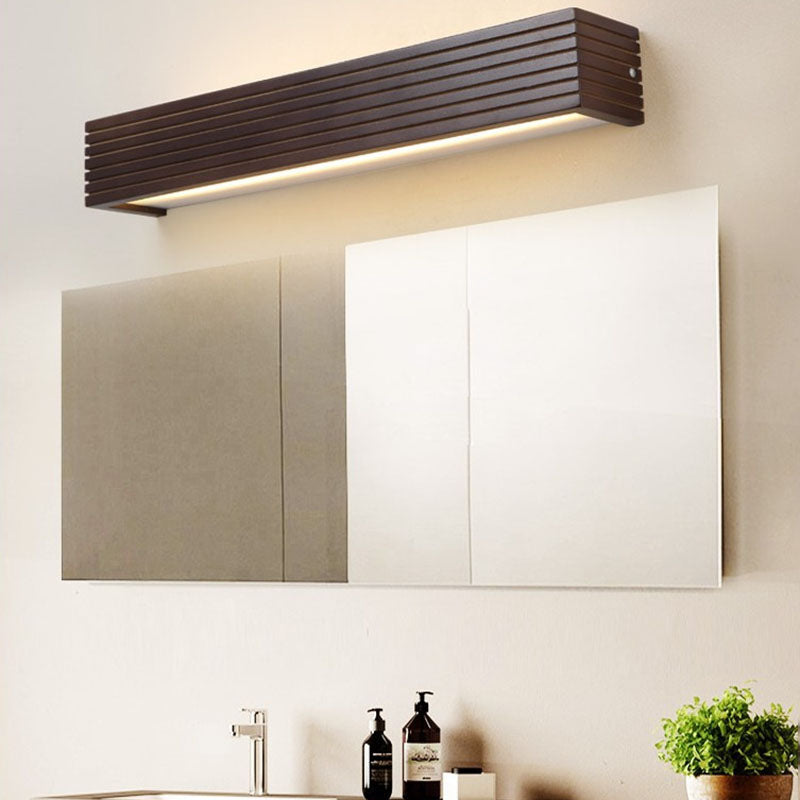 Traditional Japanese Striped Rectangular Wood LED Vanity Mirror Front Wall Sconce Lamp For Bedroom