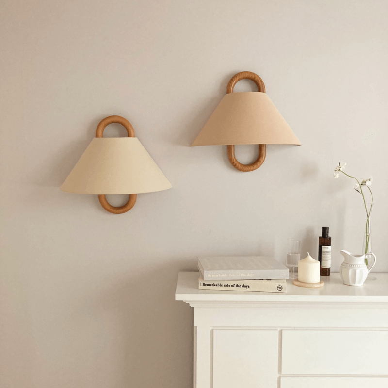 Japandi Solid Wood Wall Sconce Pleated Fabric Plug-In Bedside Reading Lamp for Bedroom and Living Room