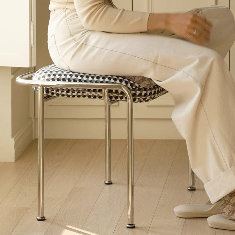 Taburete de tocador sin respaldo contemporáneo escandinavo cuadrado de algodón y lino tapizado con estructura de acero inoxidable para dormitorio