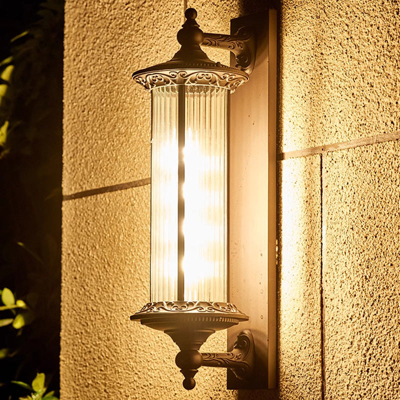 Lámpara de pared de 1 luz cilíndrica de vidrio y aluminio impermeable, estilo retro contemporáneo para jardín
