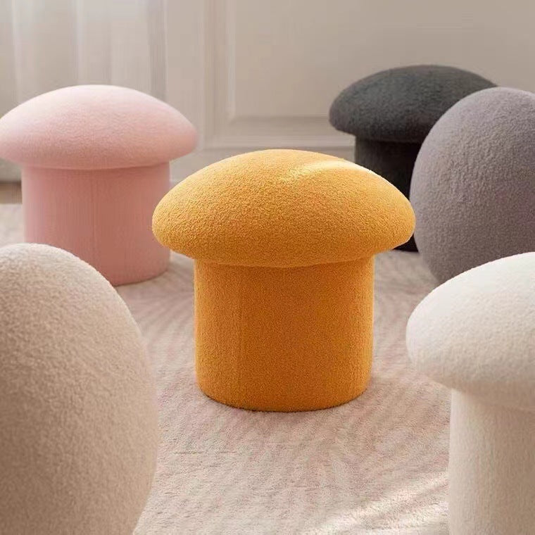 Modern Minimalist Mushroom Cylinder Sherpa Fleece Wood Vanity Stool For Bedroom