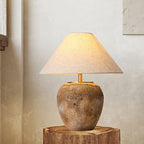 Organic Modern Textured Ceramic Table Lamp with Natural Linen Shade Rustic Wabi-Sabi Accent Light for Bedroom and Living Room