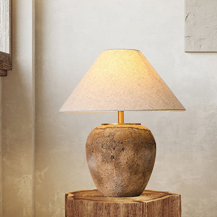 Organic Modern Textured Ceramic Table Lamp with Natural Linen Shade Rustic Wabi-Sabi Accent Light for Bedroom and Living Room
